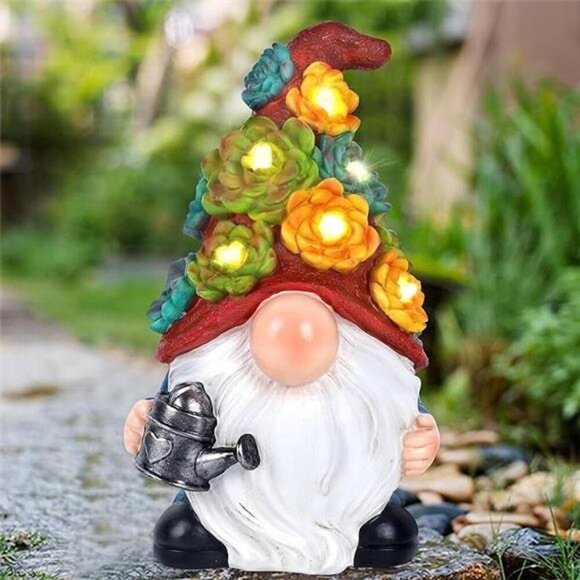 Garden Gnome Statue Outdoor Decor, Resin Gnome Figurine with Watering Can - Picture 8 of 8